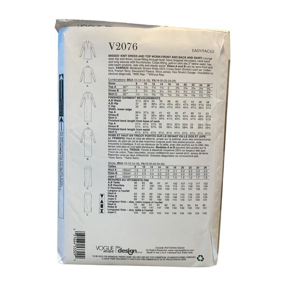 Vogue V2076 Misses' Knit Dress Top Skirt Pattern 18-26 - Picture 2 of 2